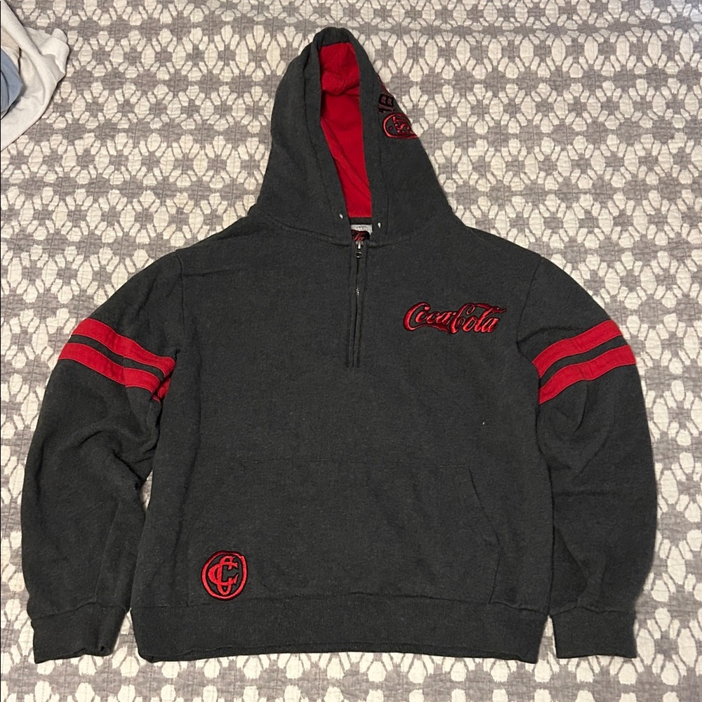 Coca Cola Men's Gray and Red Zip-Up Sweater